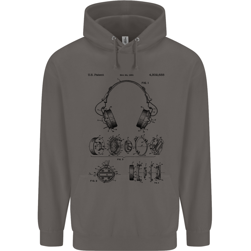 Headphones Patent Blueprint Dance Music DJ Mens 80% Cotton Hoodie Charcoal