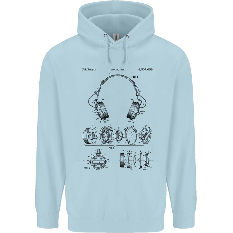 Headphones Patent Blueprint Dance Music DJ Mens 80% Cotton Hoodie Light Blue