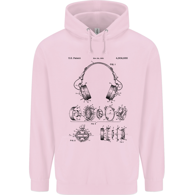 Headphones Patent Blueprint Dance Music DJ Mens 80% Cotton Hoodie Light Pink
