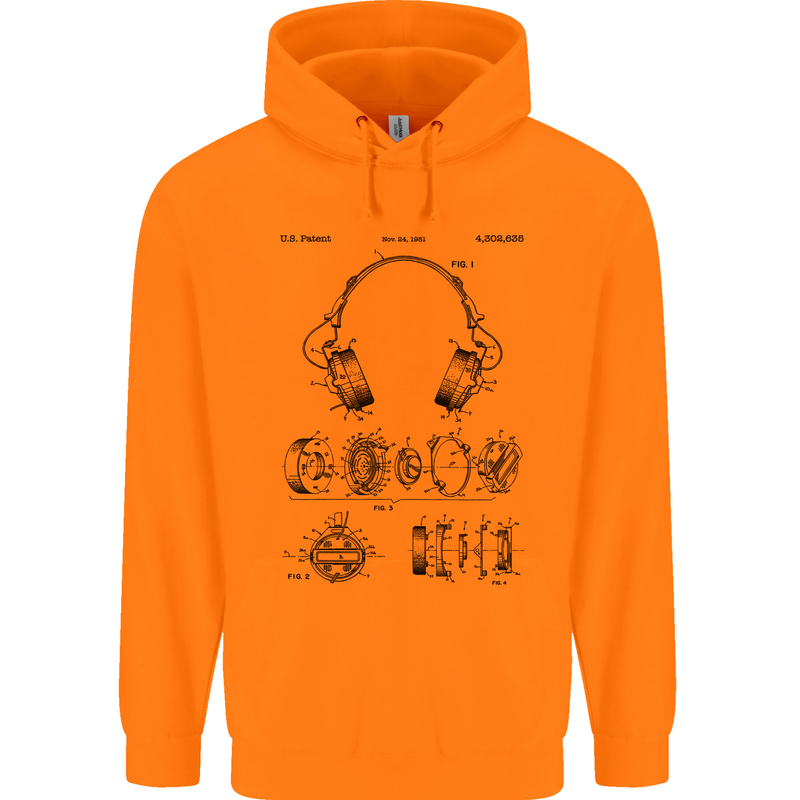Headphones Patent Blueprint Dance Music DJ Mens 80% Cotton Hoodie Orange