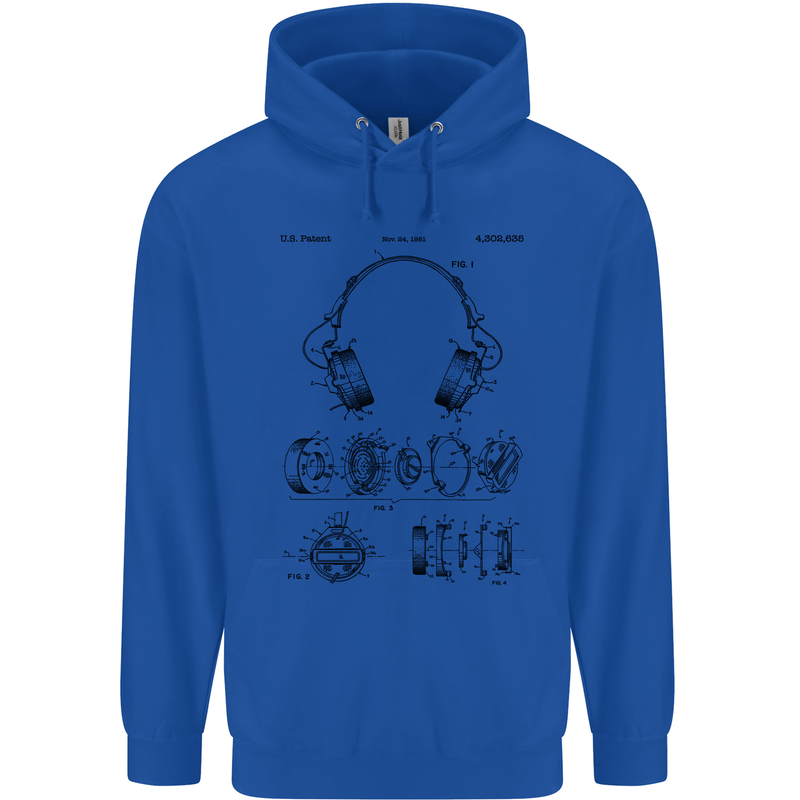 Headphones Patent Blueprint Dance Music DJ Mens 80% Cotton Hoodie Royal Blue