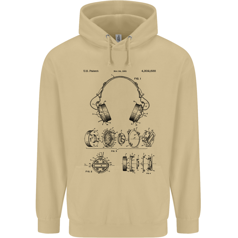 Headphones Patent Blueprint Dance Music DJ Mens 80% Cotton Hoodie Sand