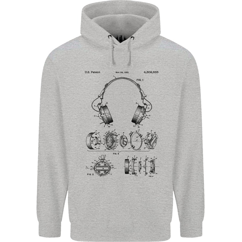 Headphones Patent Blueprint Dance Music DJ Mens 80% Cotton Hoodie Sports Grey