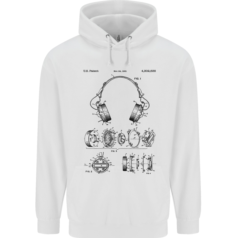 Headphones Patent Blueprint Dance Music DJ Mens 80% Cotton Hoodie White