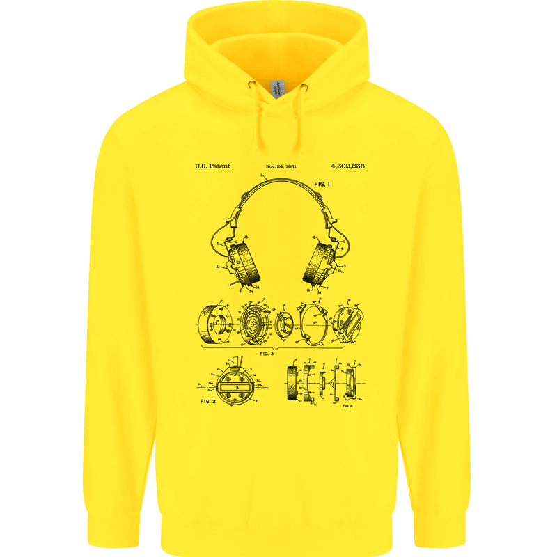 Headphones Patent Blueprint Dance Music DJ Mens 80% Cotton Hoodie Yellow