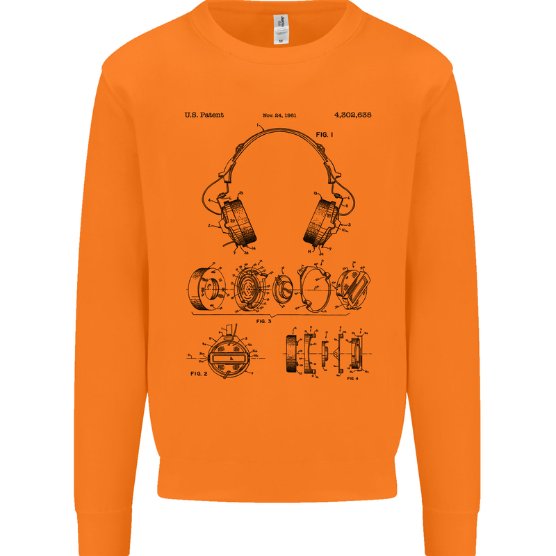 Headphones Patent Blueprint Dance Music DJ Mens Sweatshirt Jumper Orange