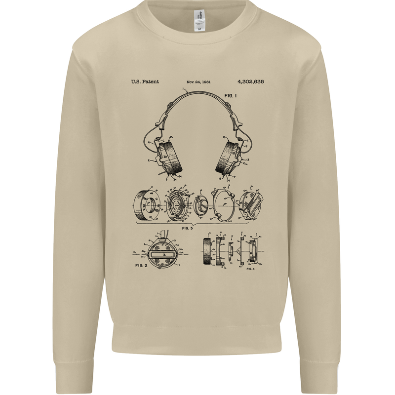 Headphones Patent Blueprint Dance Music DJ Mens Sweatshirt Jumper Sand