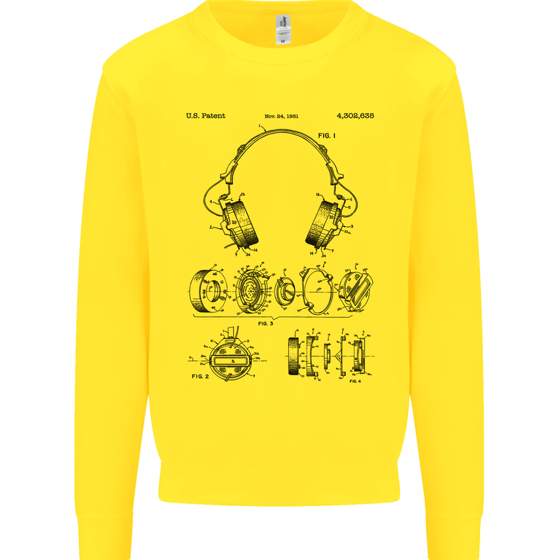 Headphones Patent Blueprint Dance Music DJ Mens Sweatshirt Jumper Yellow