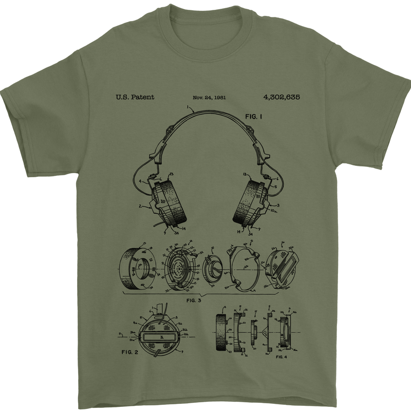 Headphones Patent Blueprint Dance Music DJ Mens T-Shirt 100% Cotton Military Green