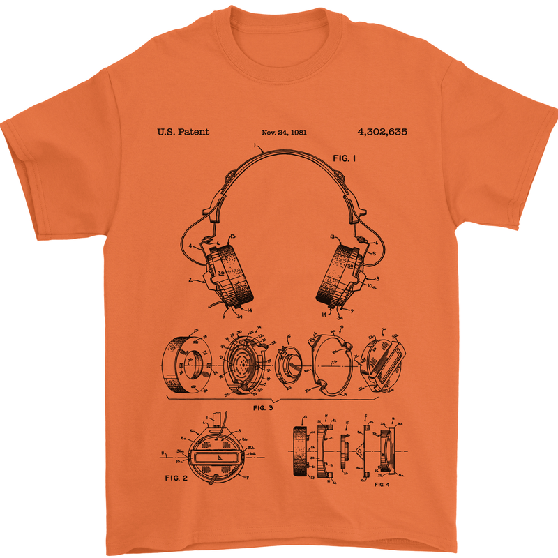 Headphones Patent Blueprint Dance Music DJ Mens T-Shirt 100% Cotton Orange