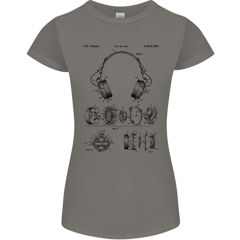 Headphones Patent Blueprint Dance Music DJ Womens Petite Cut T-Shirt Charcoal