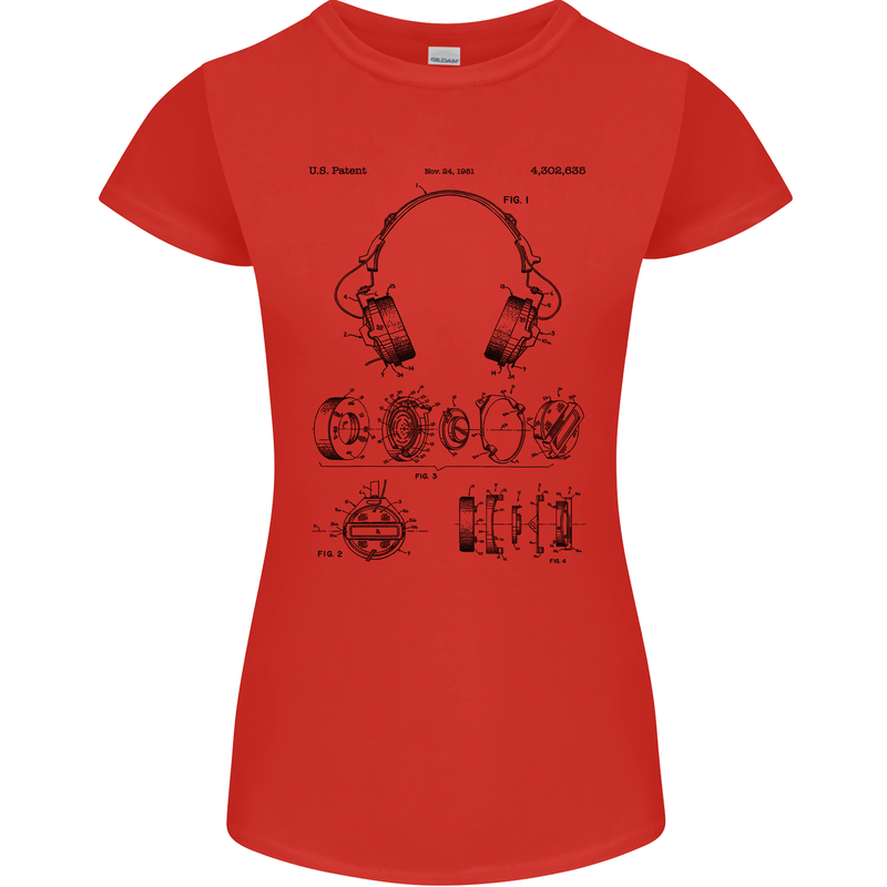 Headphones Patent Blueprint Dance Music DJ Womens Petite Cut T-Shirt Red