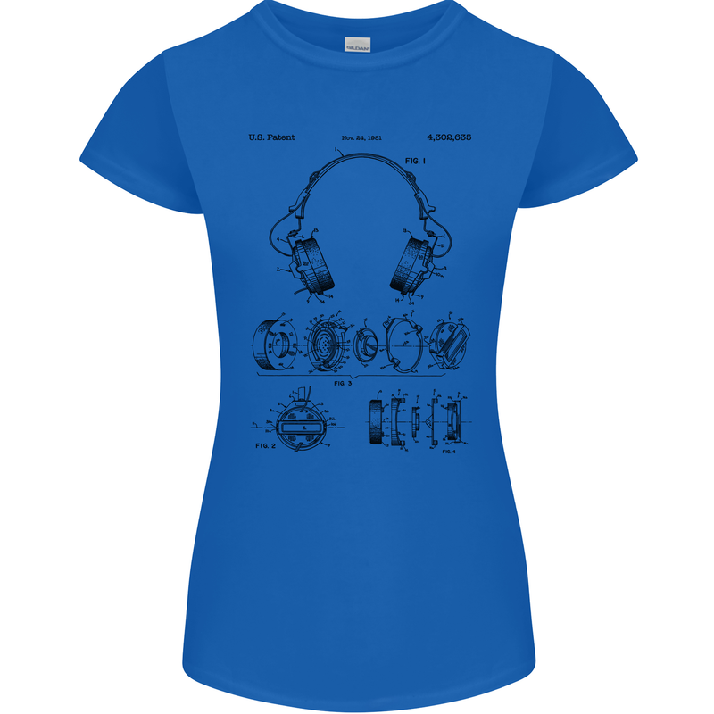 Headphones Patent Blueprint Dance Music DJ Womens Petite Cut T-Shirt Royal Blue