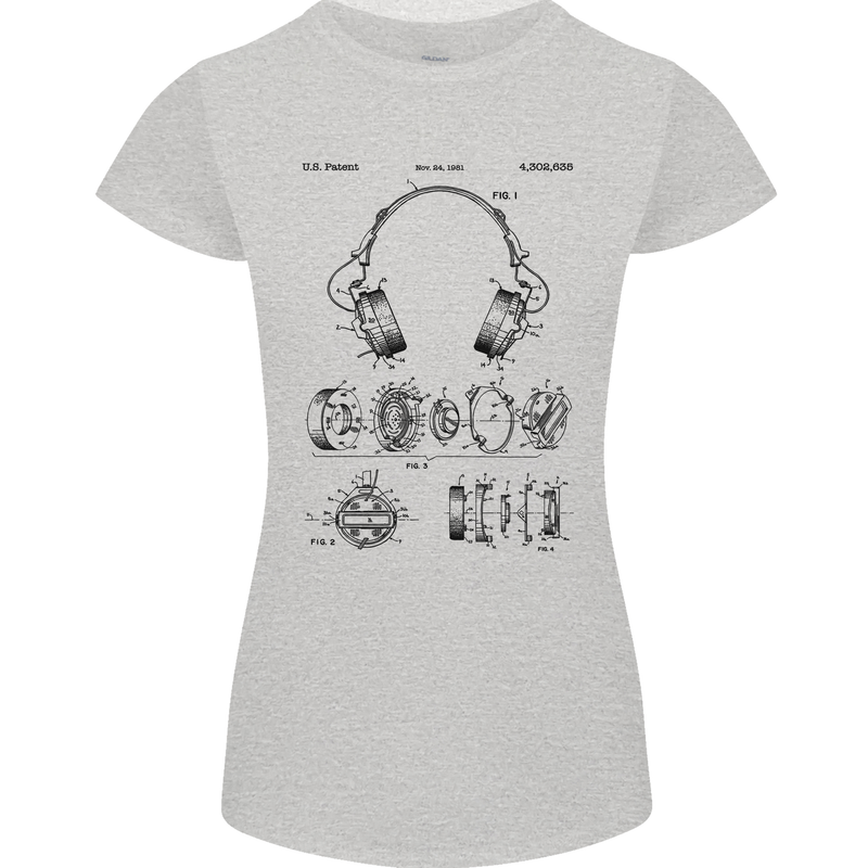 Headphones Patent Blueprint Dance Music DJ Womens Petite Cut T-Shirt Sports Grey