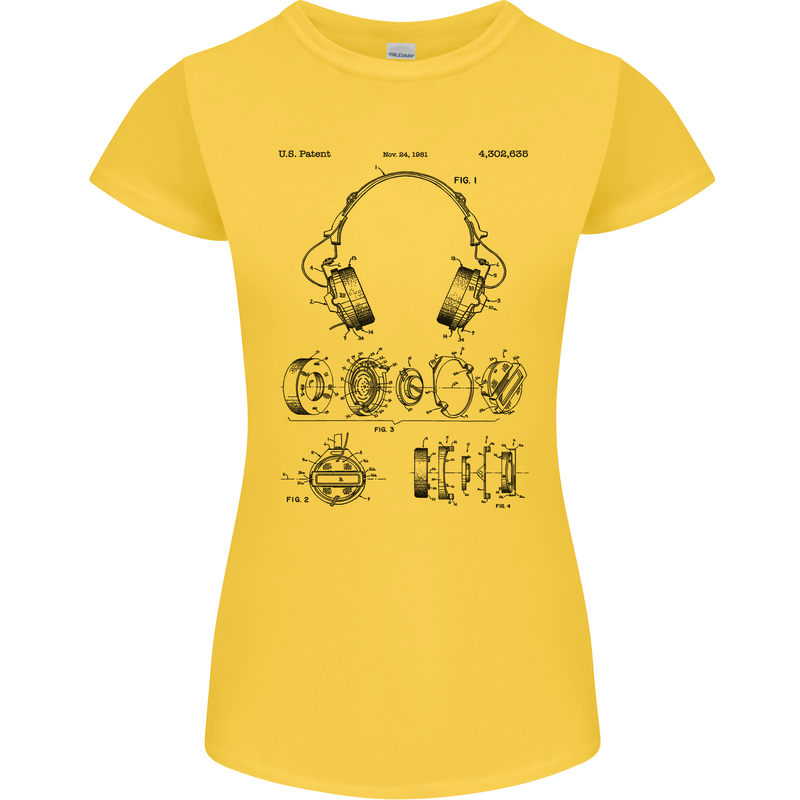 Headphones Patent Blueprint Dance Music DJ Womens Petite Cut T-Shirt Yellow