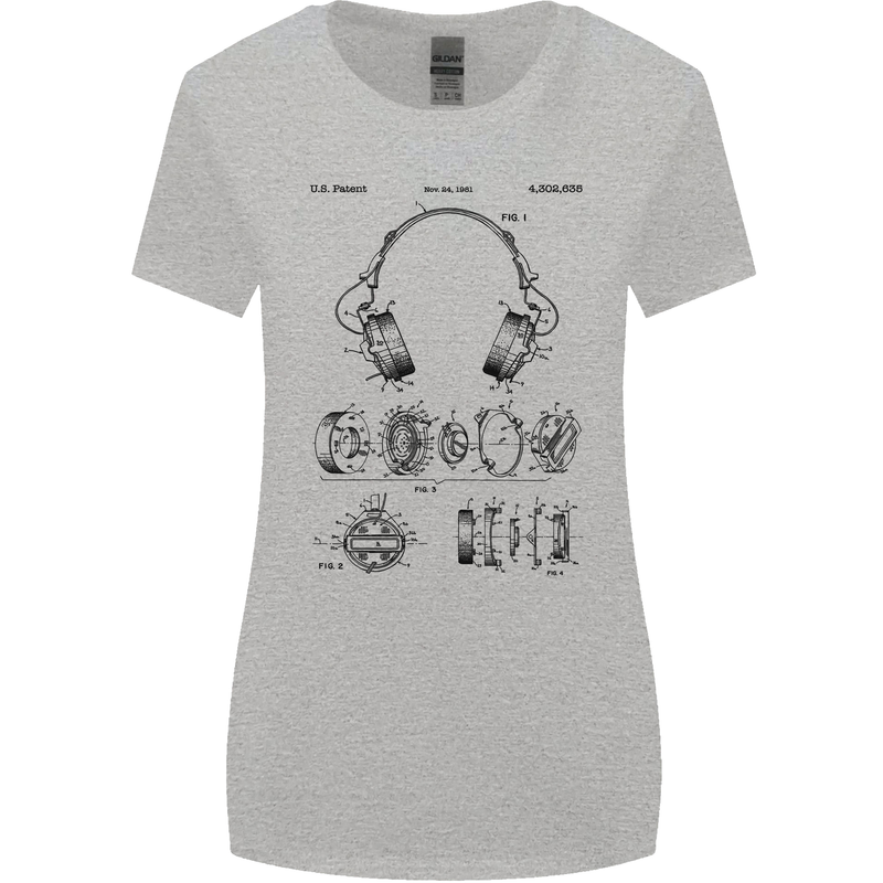 Headphones Patent Blueprint Dance Music DJ Womens Wider Cut T-Shirt Sports Grey
