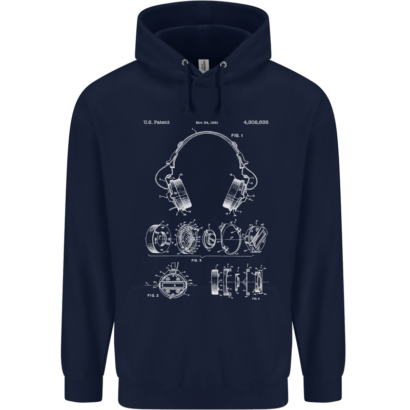 Headphones Patent Blueprint Music DJ Dance Mens 80% Cotton Hoodie Navy Blue