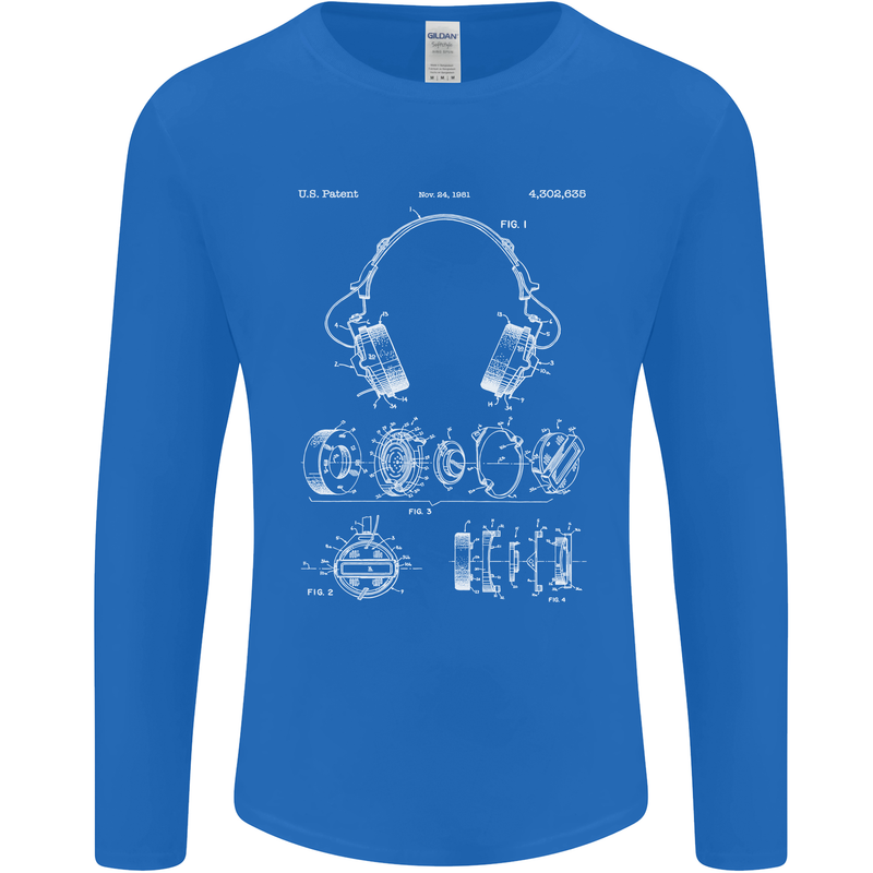 Headphones Patent Blueprint Music DJ Dance Mens Long Sleeve T-Shirt Royal Blue