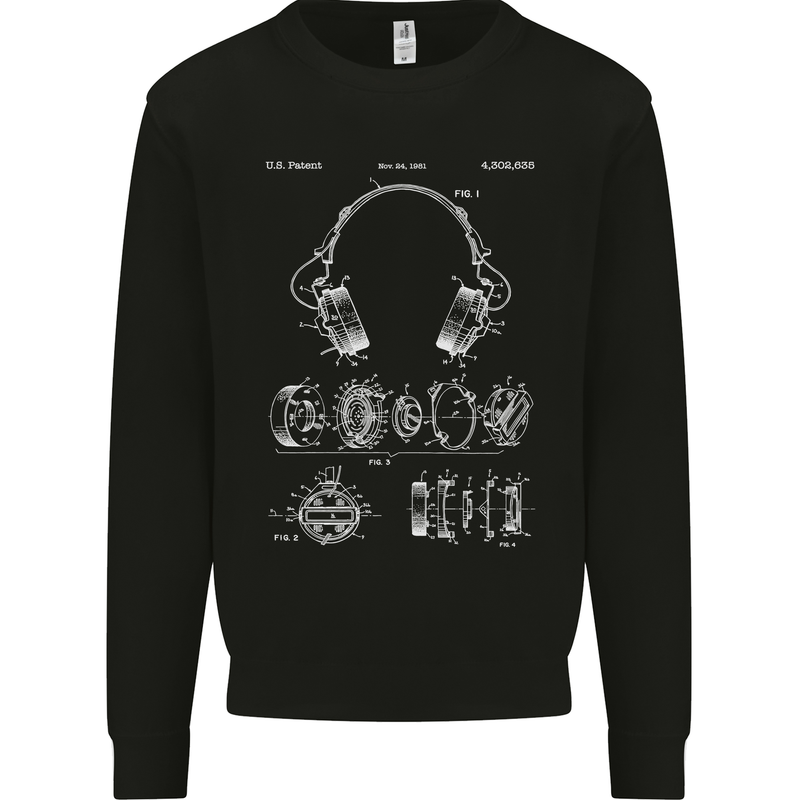 Headphones Patent Blueprint Music DJ Dance Mens Sweatshirt Jumper Black