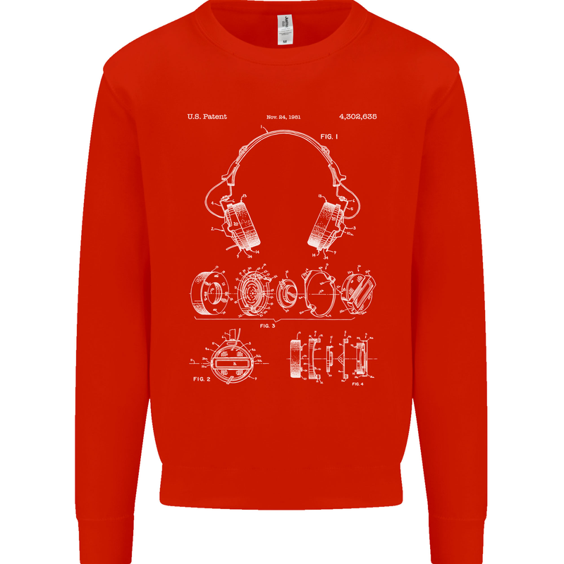 Headphones Patent Blueprint Music DJ Dance Mens Sweatshirt Jumper Bright Red