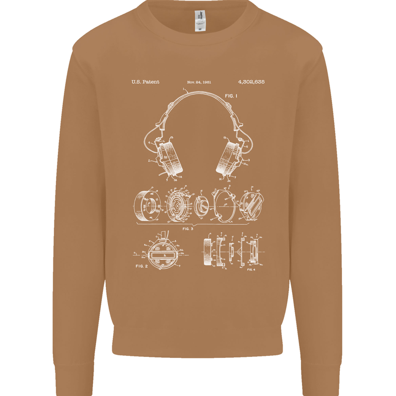Headphones Patent Blueprint Music DJ Dance Mens Sweatshirt Jumper Caramel Latte