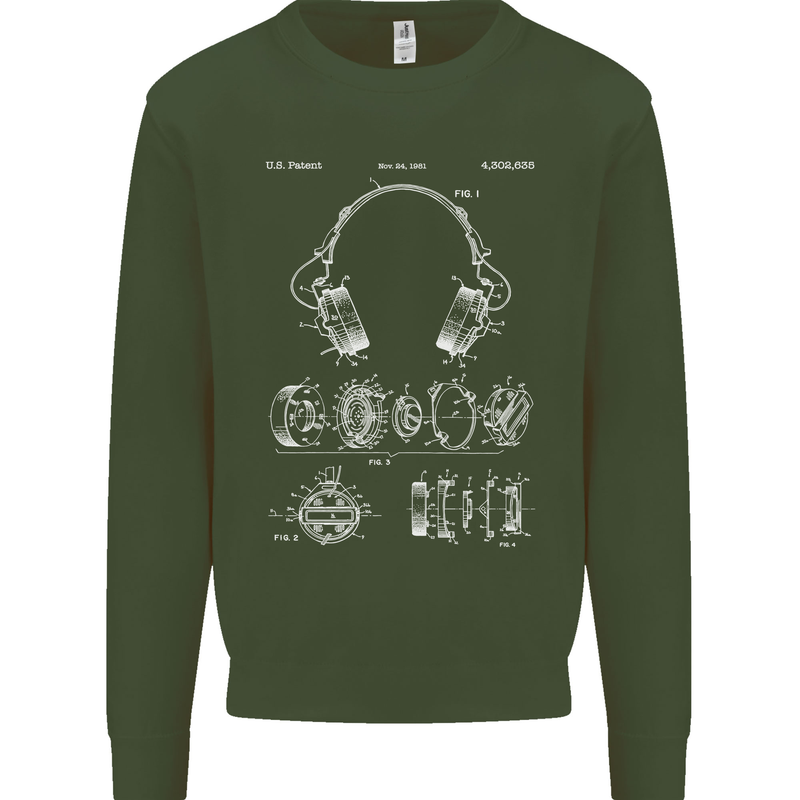 Headphones Patent Blueprint Music DJ Dance Mens Sweatshirt Jumper Forest Green