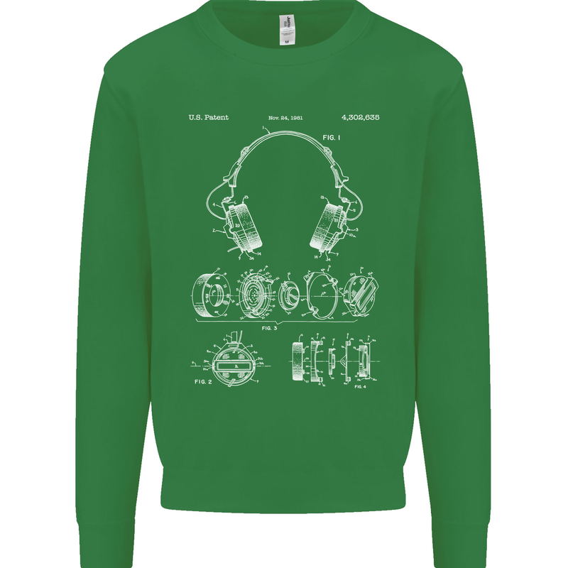 Headphones Patent Blueprint Music DJ Dance Mens Sweatshirt Jumper Irish Green