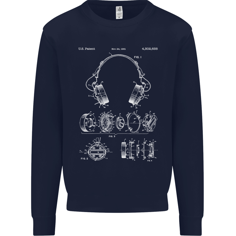 Headphones Patent Blueprint Music DJ Dance Mens Sweatshirt Jumper Navy Blue