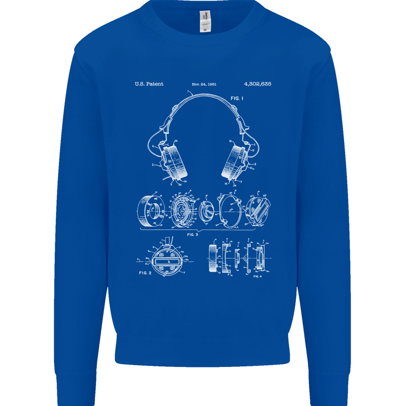 Headphones Patent Blueprint Music DJ Dance Mens Sweatshirt Jumper Royal Blue