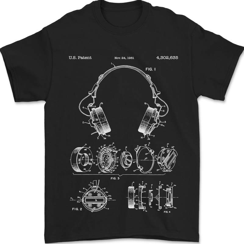 Headphones Patent Blueprint Music DJ Dance Mens T-Shirt 100% Cotton Black