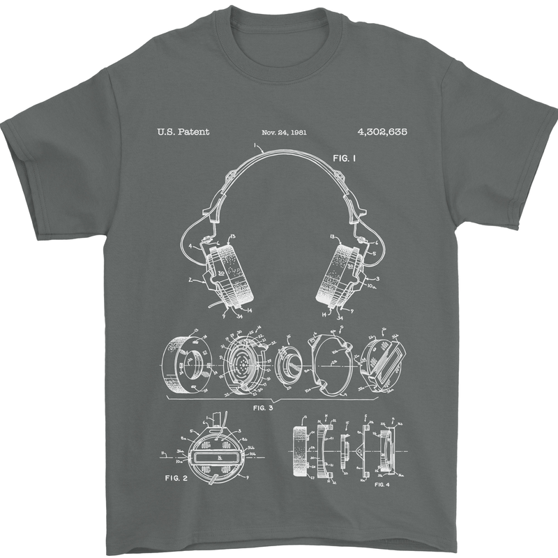 Headphones Patent Blueprint Music DJ Dance Mens T-Shirt 100% Cotton Charcoal