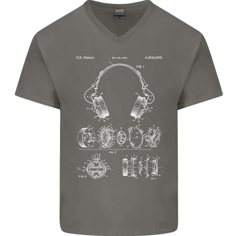 Headphones Patent Blueprint Music DJ Dance Mens V-Neck Cotton T-Shirt Charcoal