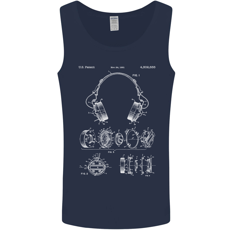 Headphones Patent Blueprint Music DJ Dance Mens Vest Tank Top Navy Blue