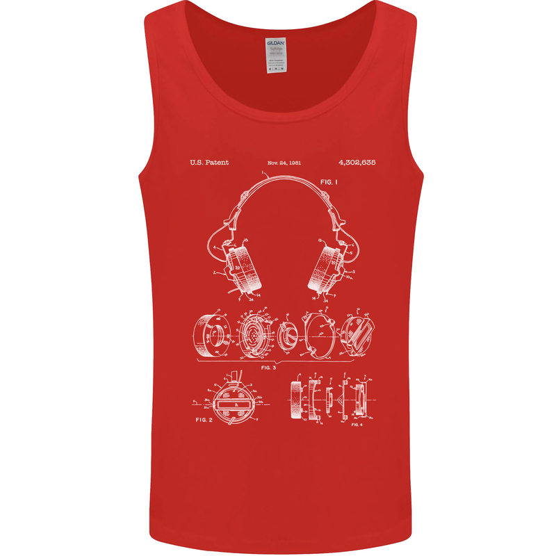 Headphones Patent Blueprint Music DJ Dance Mens Vest Tank Top Red
