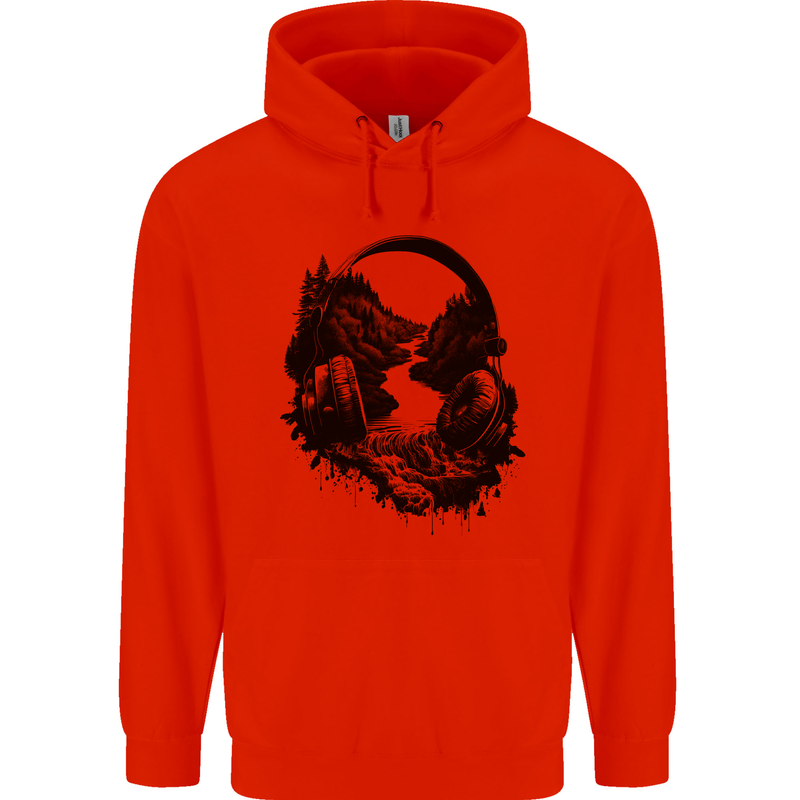 Headphones & Nature Music Trekking Hiking Childrens Kids Hoodie Bright Red