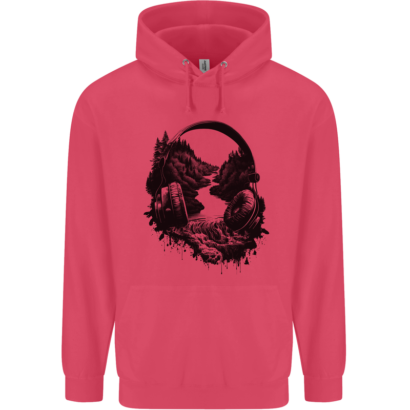 Headphones & Nature Music Trekking Hiking Childrens Kids Hoodie Heliconia