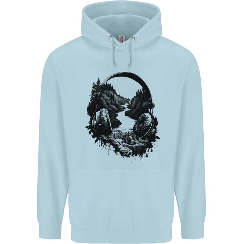 Headphones & Nature Music Trekking Hiking Childrens Kids Hoodie Light Blue