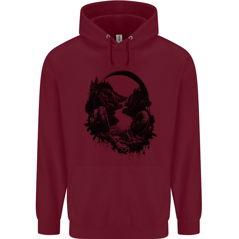 Headphones & Nature Music Trekking Hiking Childrens Kids Hoodie Maroon