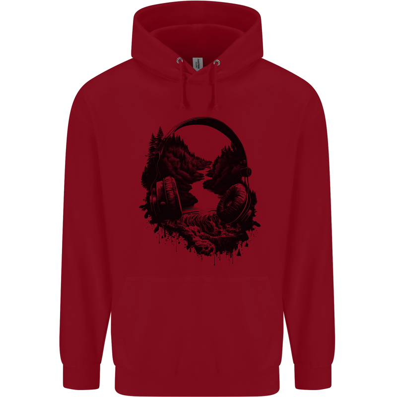 Headphones & Nature Music Trekking Hiking Childrens Kids Hoodie Red