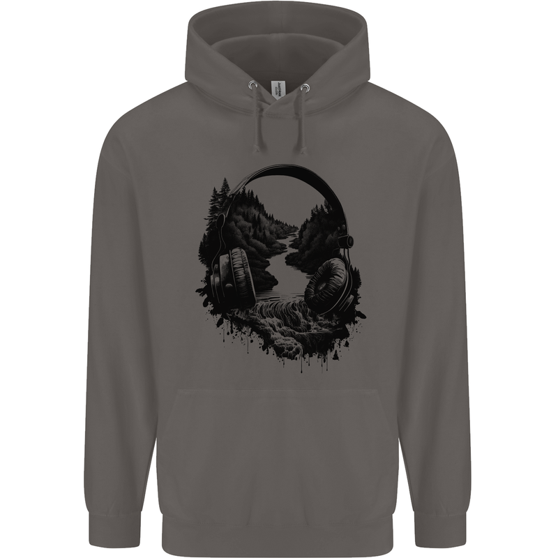 Headphones & Nature Music Trekking Hiking Mens 80% Cotton Hoodie Charcoal