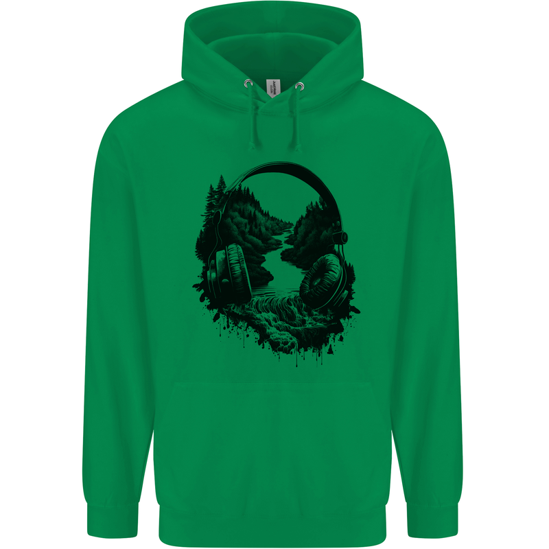 Headphones & Nature Music Trekking Hiking Mens 80% Cotton Hoodie Irish Green