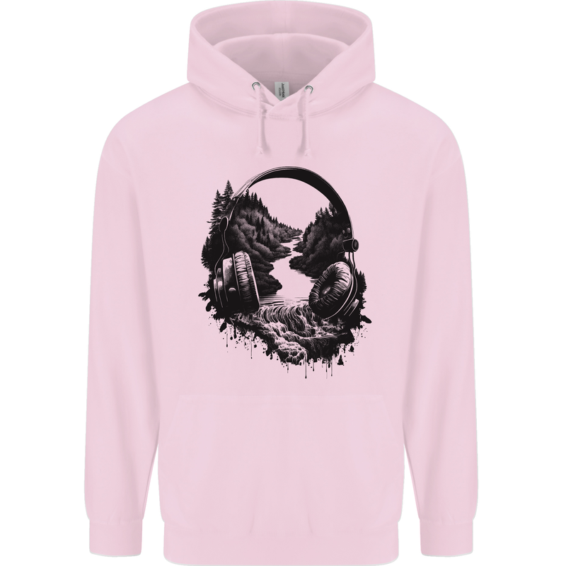 Headphones & Nature Music Trekking Hiking Mens 80% Cotton Hoodie Light Pink