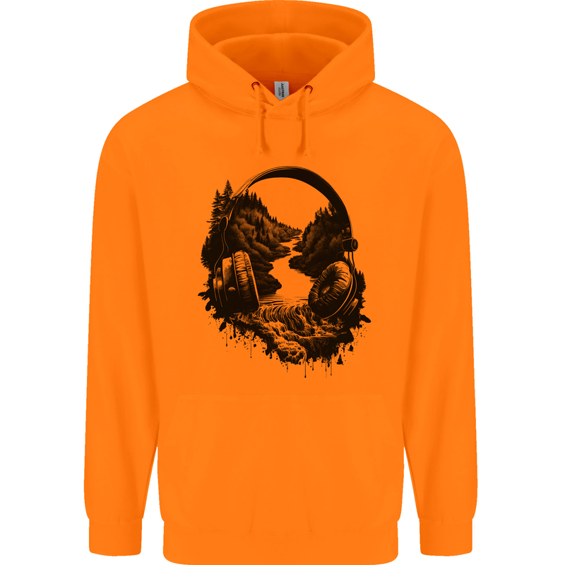 Headphones & Nature Music Trekking Hiking Mens 80% Cotton Hoodie Orange