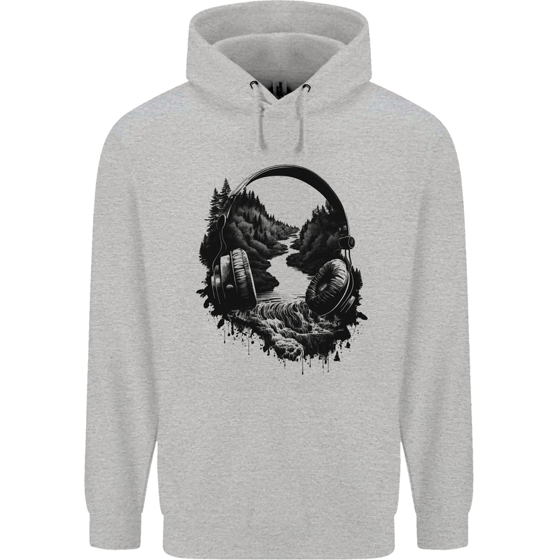 Headphones & Nature Music Trekking Hiking Mens 80% Cotton Hoodie Sports Grey