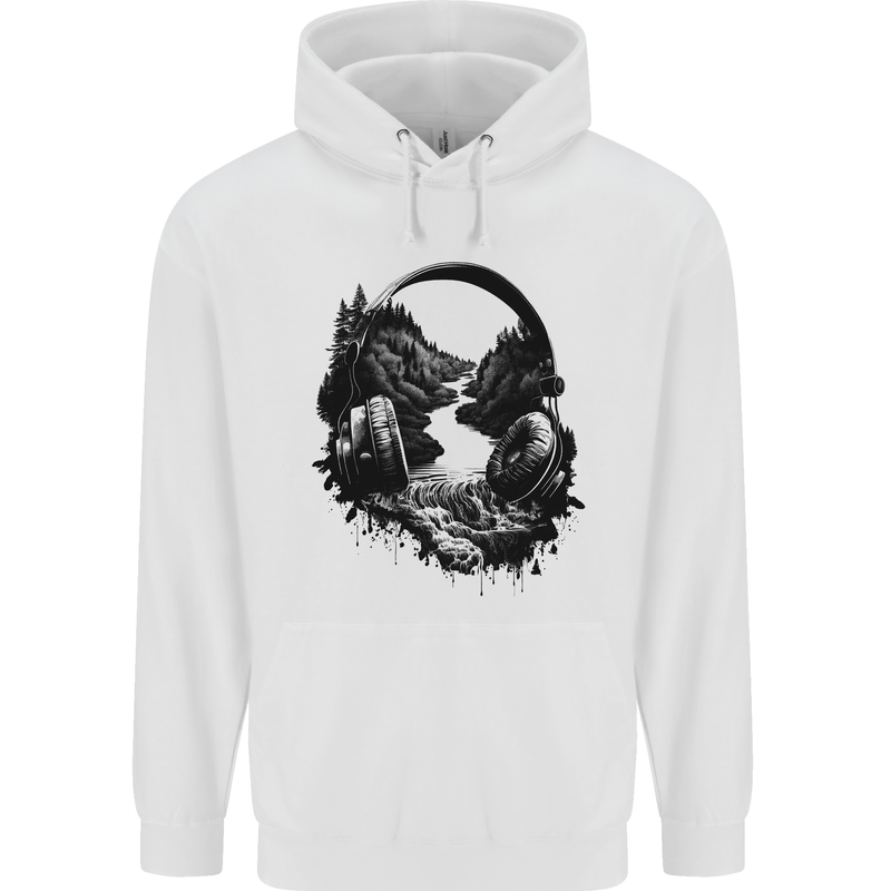 Headphones & Nature Music Trekking Hiking Mens 80% Cotton Hoodie White