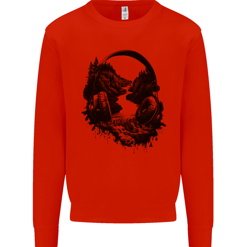 Headphones & Nature Music Trekking Hiking Mens Sweatshirt Jumper Bright Red