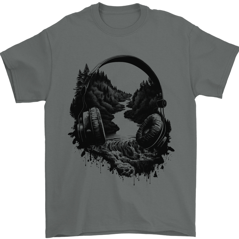 Headphones & Nature Music Trekking Hiking Mens T-Shirt 100% Cotton Charcoal