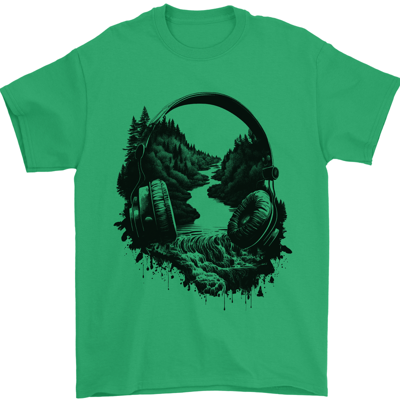 Headphones & Nature Music Trekking Hiking Mens T-Shirt 100% Cotton Irish Green