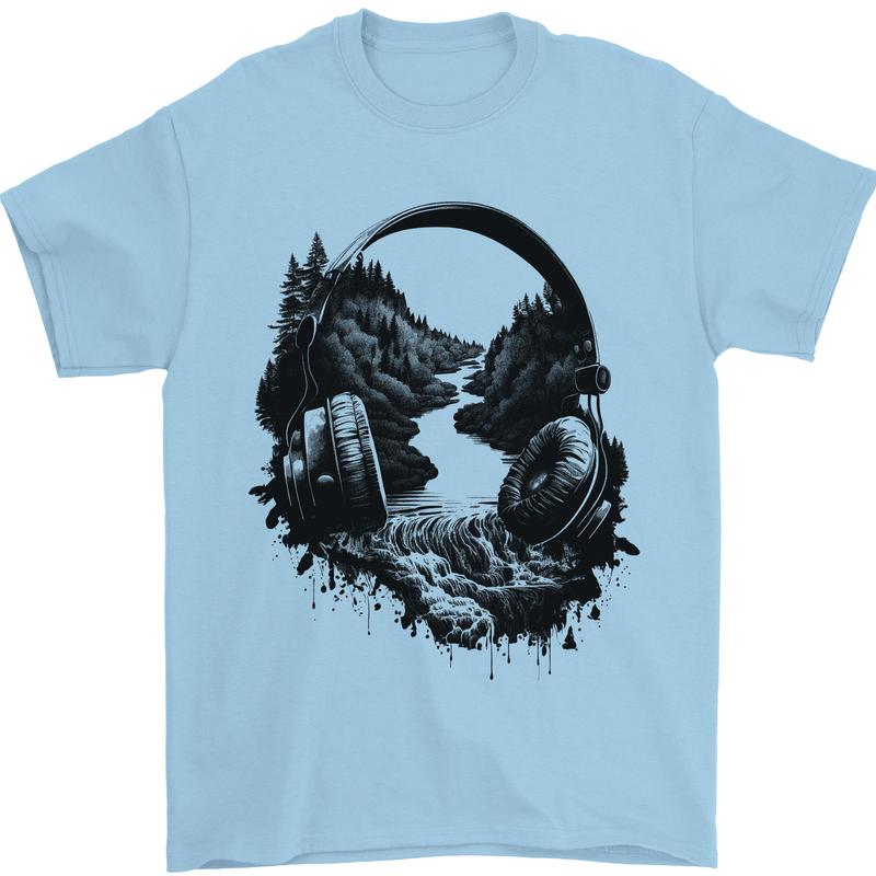 Headphones & Nature Music Trekking Hiking Mens T-Shirt 100% Cotton Light Blue