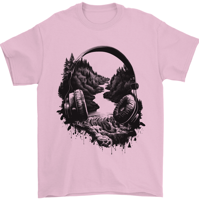 Headphones & Nature Music Trekking Hiking Mens T-Shirt 100% Cotton Light Pink